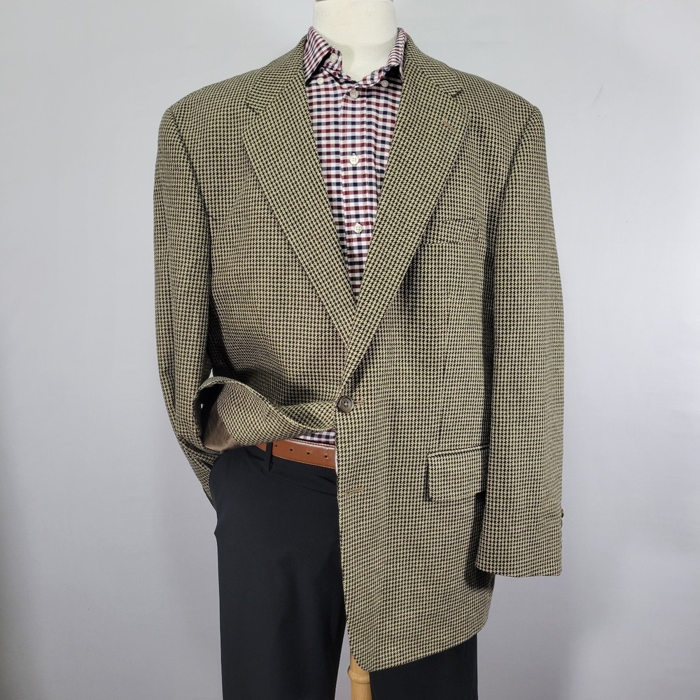 VTG Ralph Lauren‎ Men's Sport Coat Blazer Beige Houndstooth Silk Wool Blend 48R